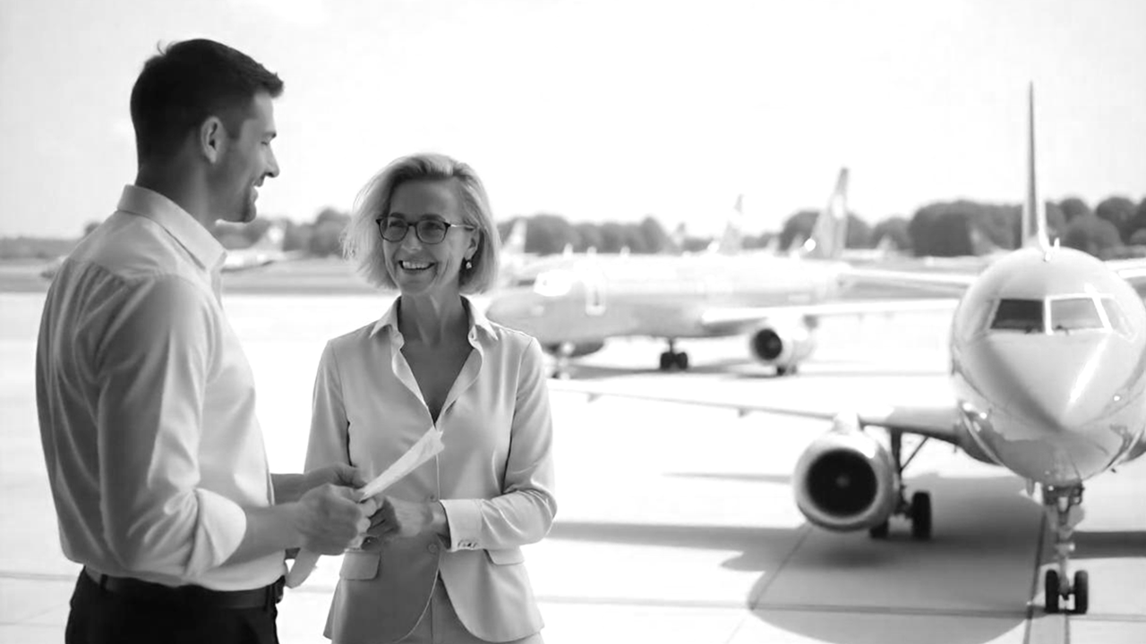 Middle-aged woman and man engaged in a focused conversation during an interview to identify and solve operational problems at an airline.
